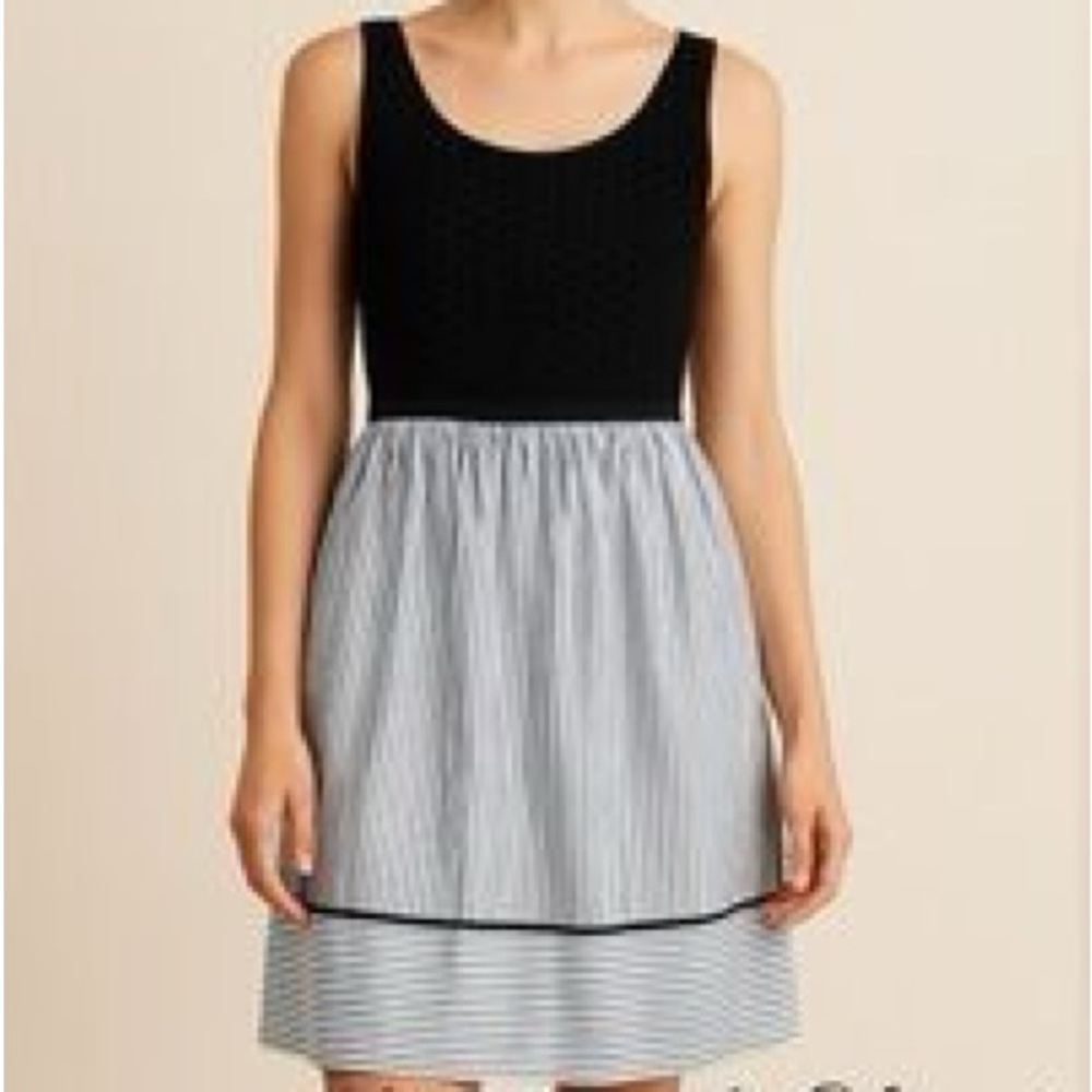Loft Black Eyelet Bodice Blue Woven Striped Skirt Sleeveless Dress Size 10